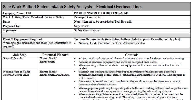 An example method statement for construction work on or near overhead powerlines