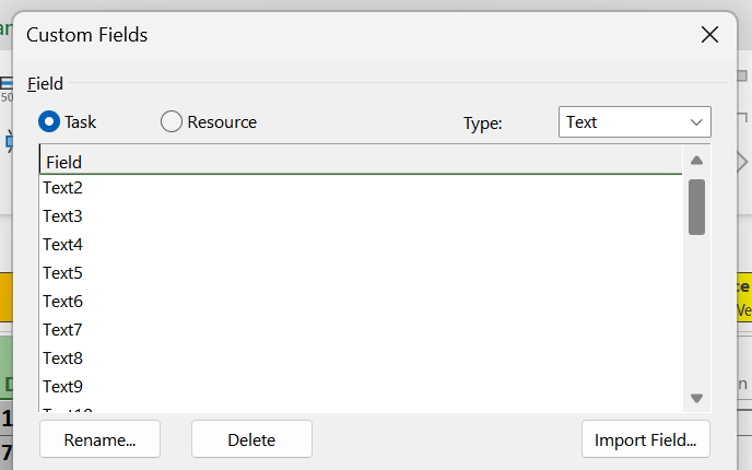 screenshot of the custom field dialog box in Microsoft Project. Custom field type of Task is selected