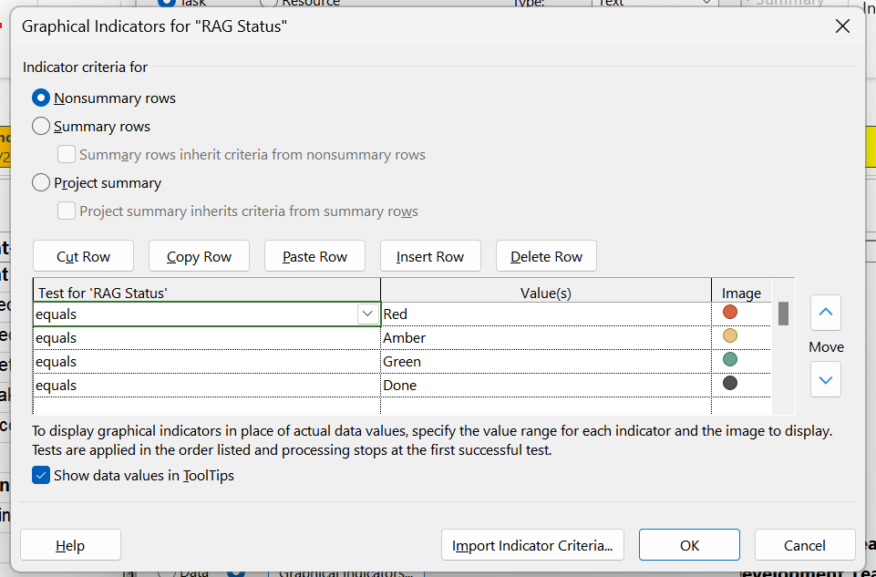 Screenshot of the graphical indicators dialog box in Microsoft Project. Tests, values and images are shown for setting up a traffic light status field.