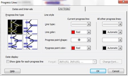 progress lines, line styles tab on the dialog box