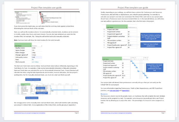 preview image of two pages from the Microsoft Project Plan template - user guide